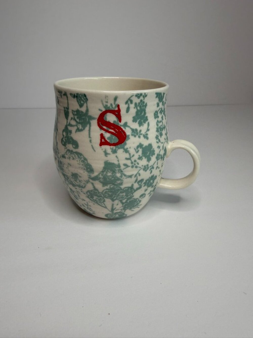 Anthropologie Homegrown Monogram Letter S Teal Floral Mug 14oz